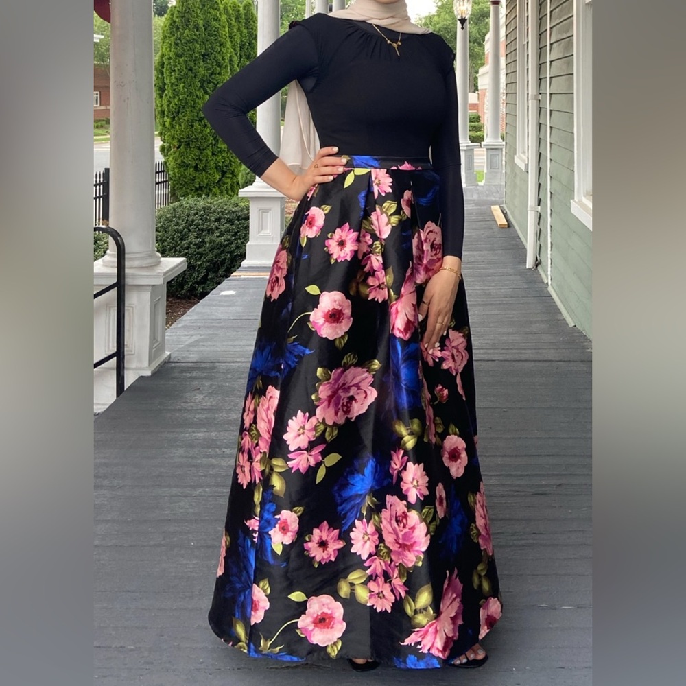 Black Floral Fit-and-Flare Dress with Pink and Blue Flowers